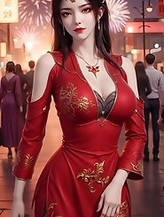 Queen Medusa in red dress posing with allure in her sexy shots