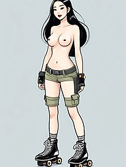 Alluring latex ensemble including hosiery and stilettos.